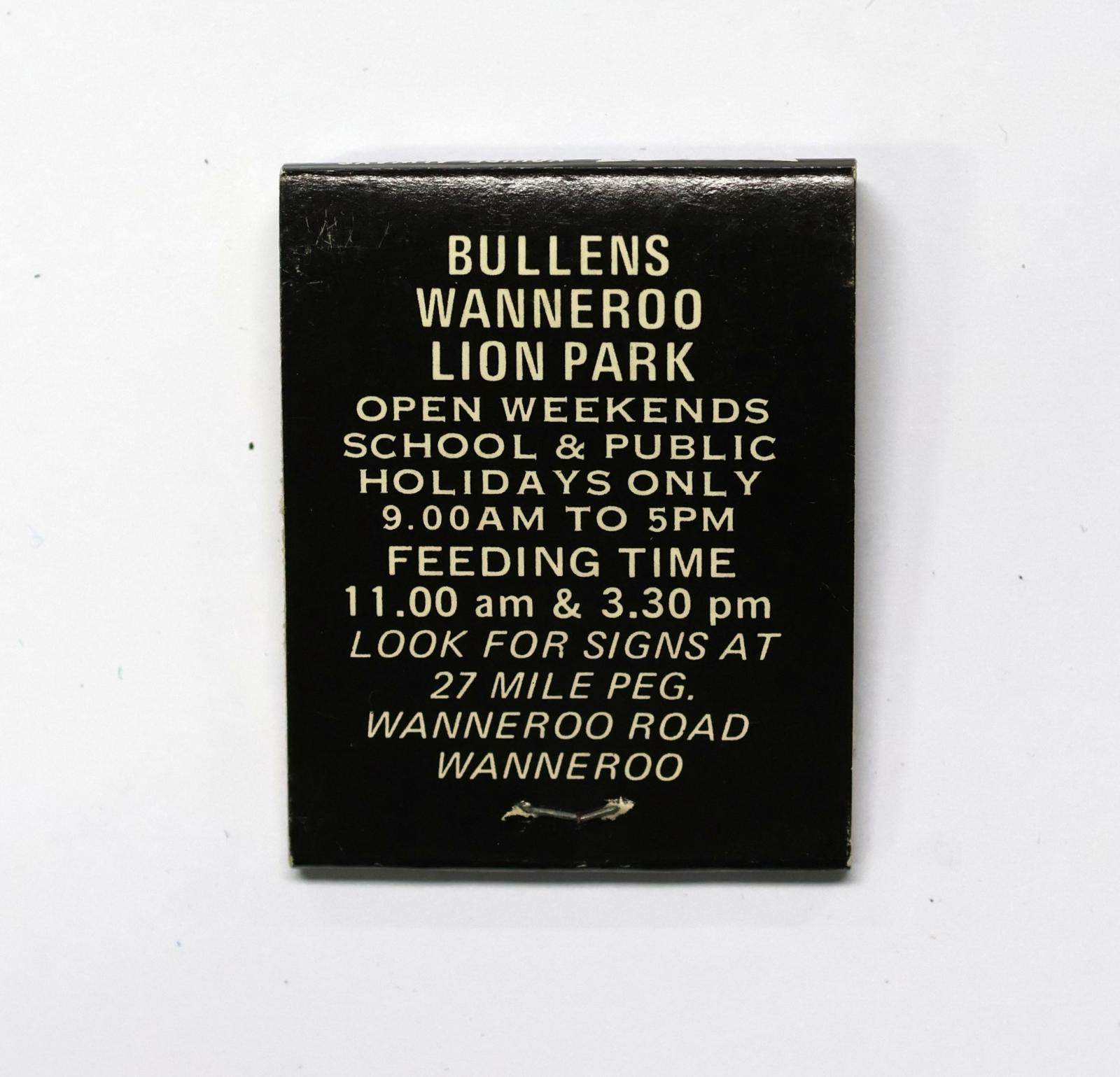 Rectangular shaped matchbook with black and white background with black text.