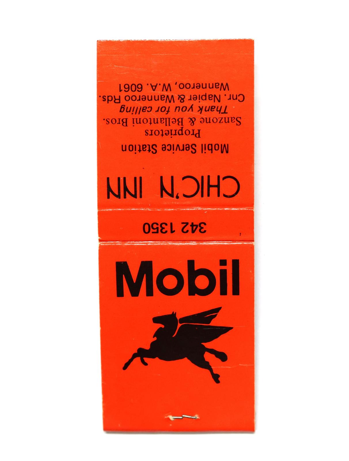 Rectangular shaped matchbook with orange background with black text. The front of the matchbook has text and the back has the silhouette of a Pegasus. The front has grey igniting panel. 