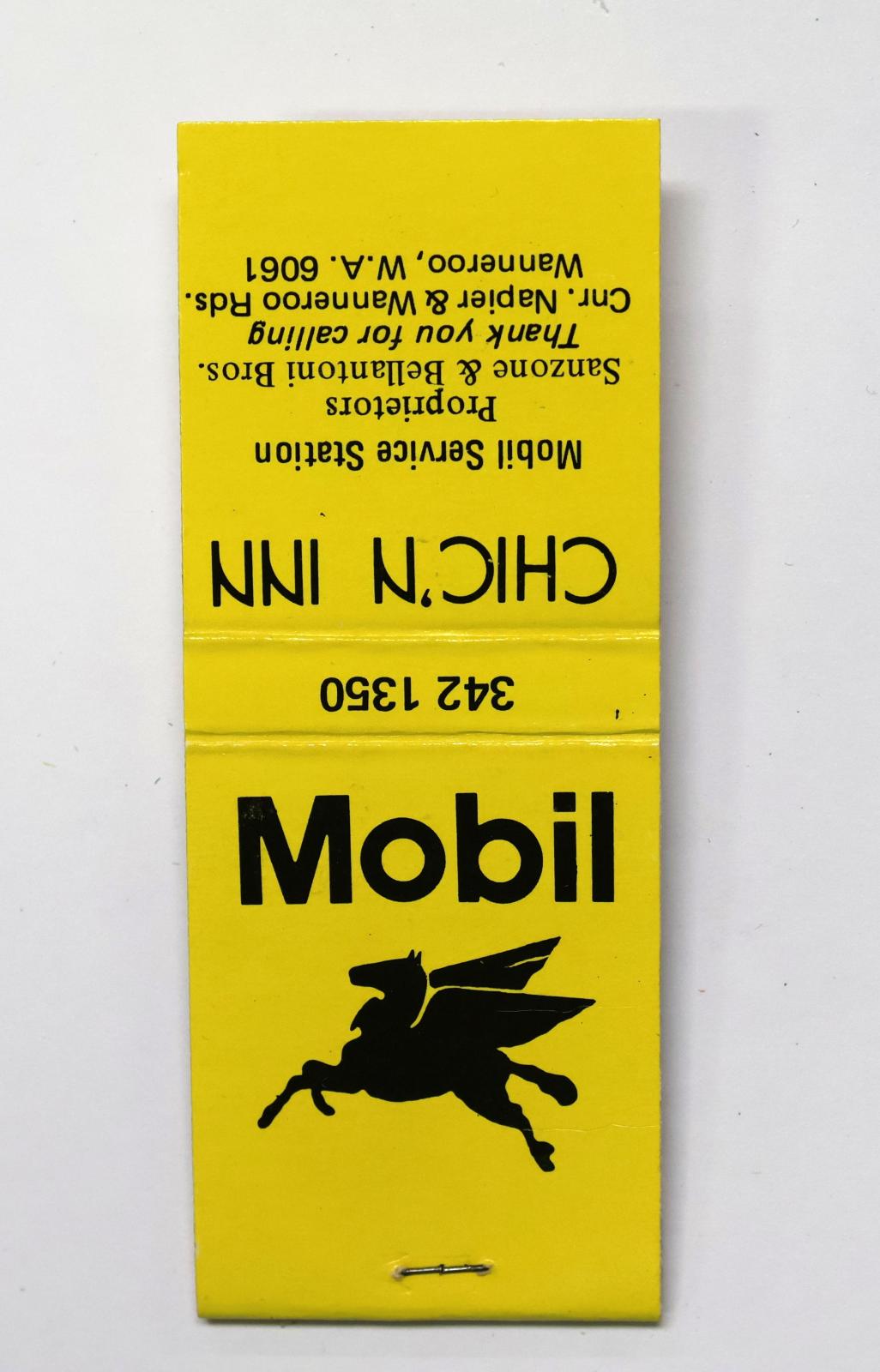 Rectangular shaped matchbook with yellow background with black text. The front of the matchbook has text and the back has the silhouette of a Pegasus. The front has grey igniting panel. 