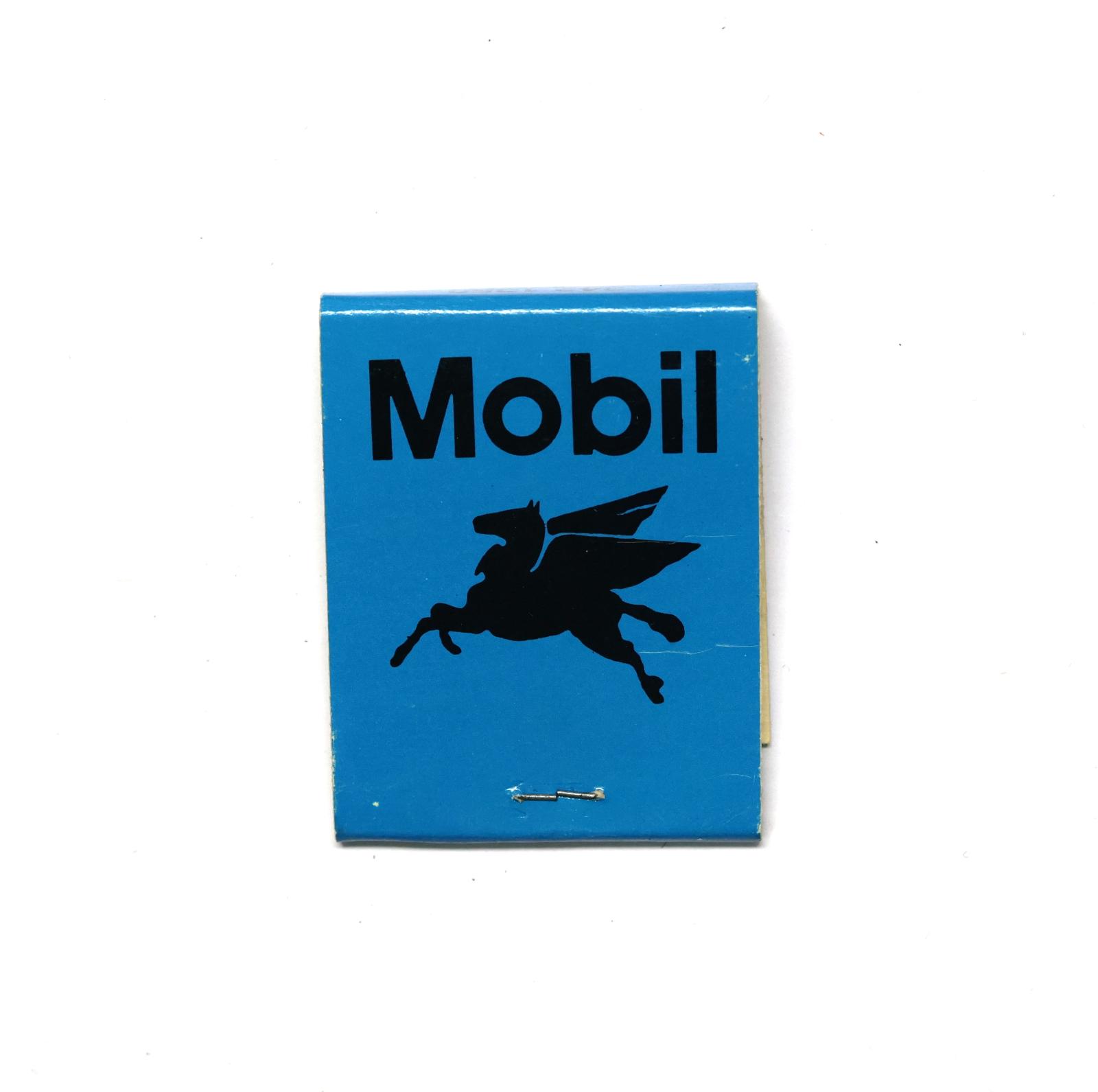 Rectangular shaped matchbook with blue background with black text. The front of the matchbook has text and the back has the silhouette of a Pegasus. 