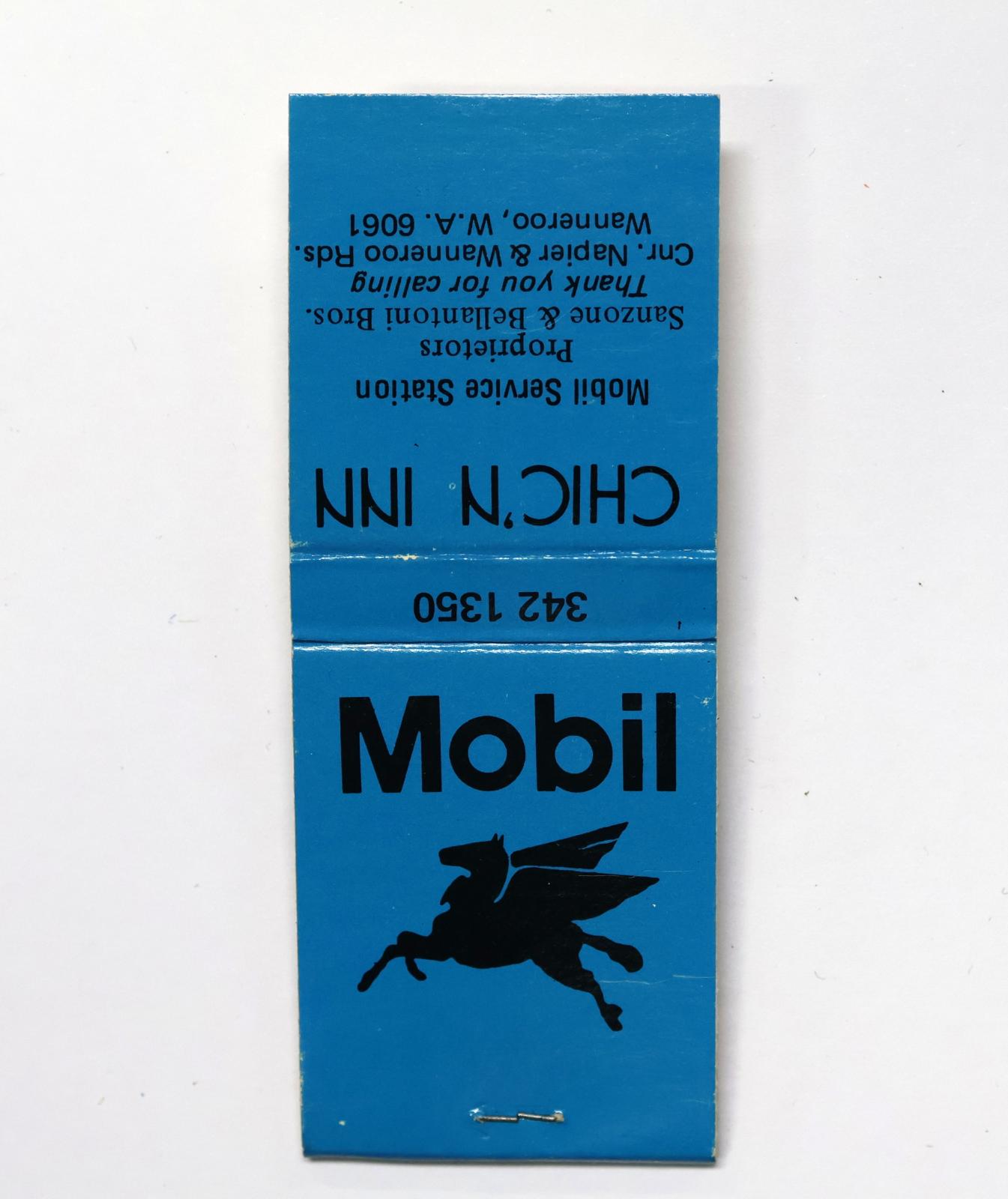 Rectangular shaped matchbook with blue background with black text. The front of the matchbook has text and the back has the silhouette of a Pegasus. The front has grey igniting panel. 
