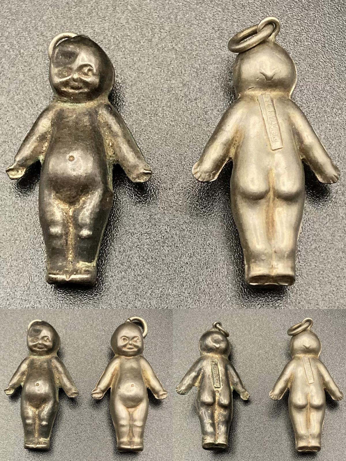 Collage showing two sterling silver Fums Up good luck charms 