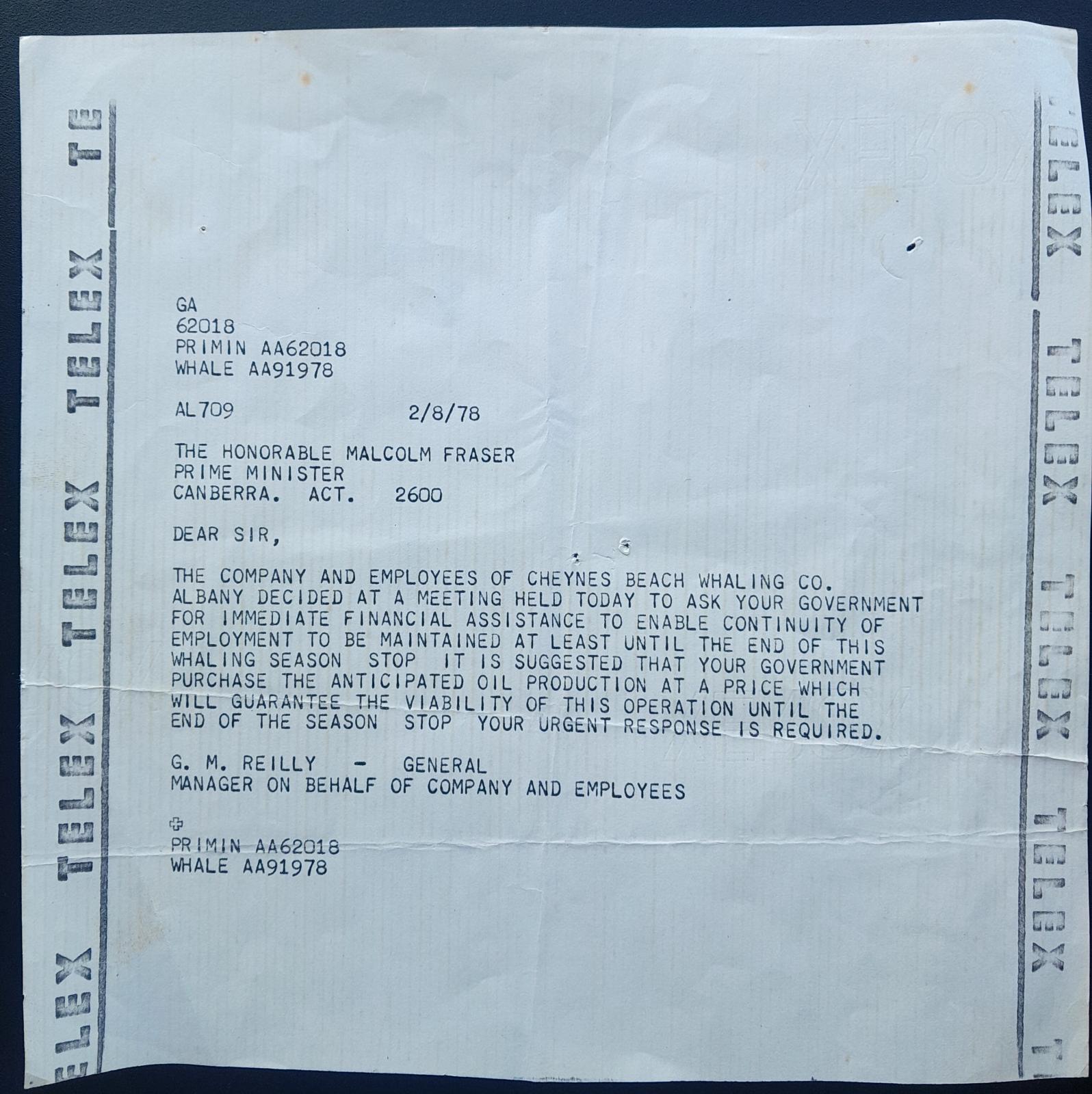TELEX to Malcom Fraser