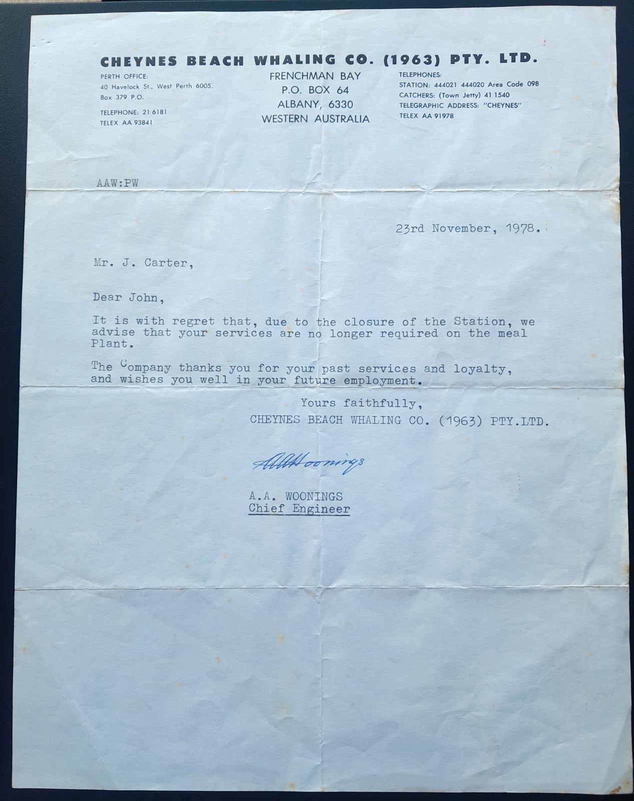 Letter form Woonings-Redundancy due to closure