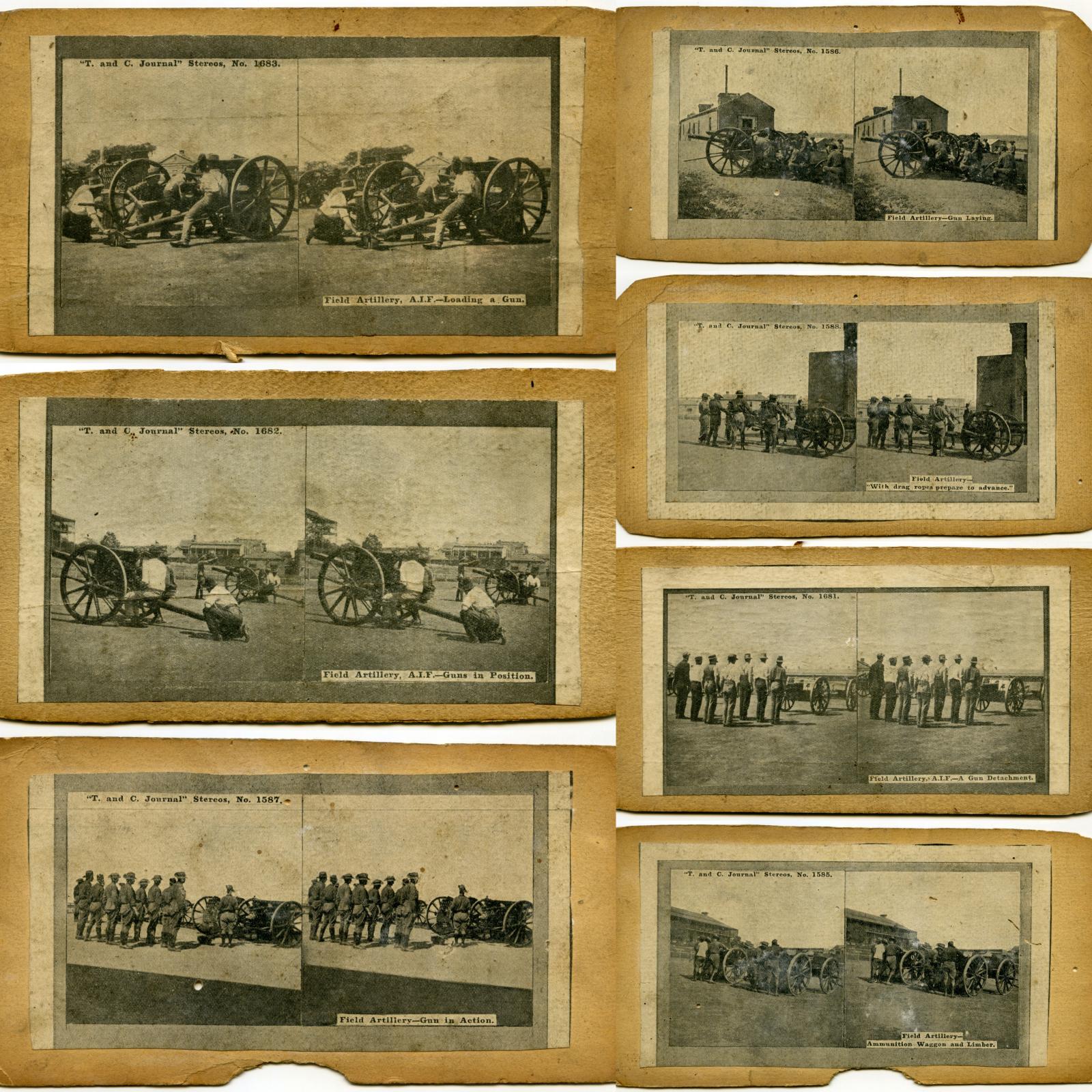 Collage of stereoview cards featuring Field Artillery