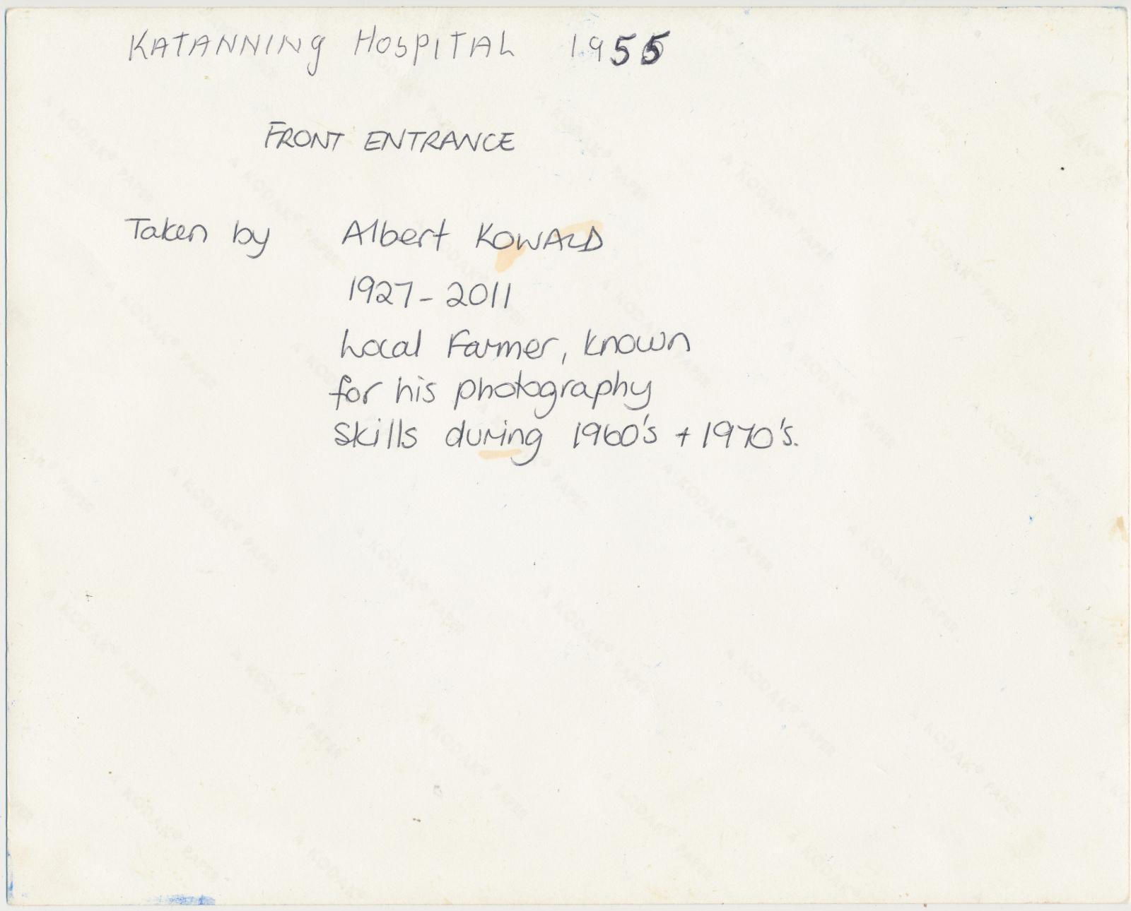 Back of photograph of Katanning Hospital