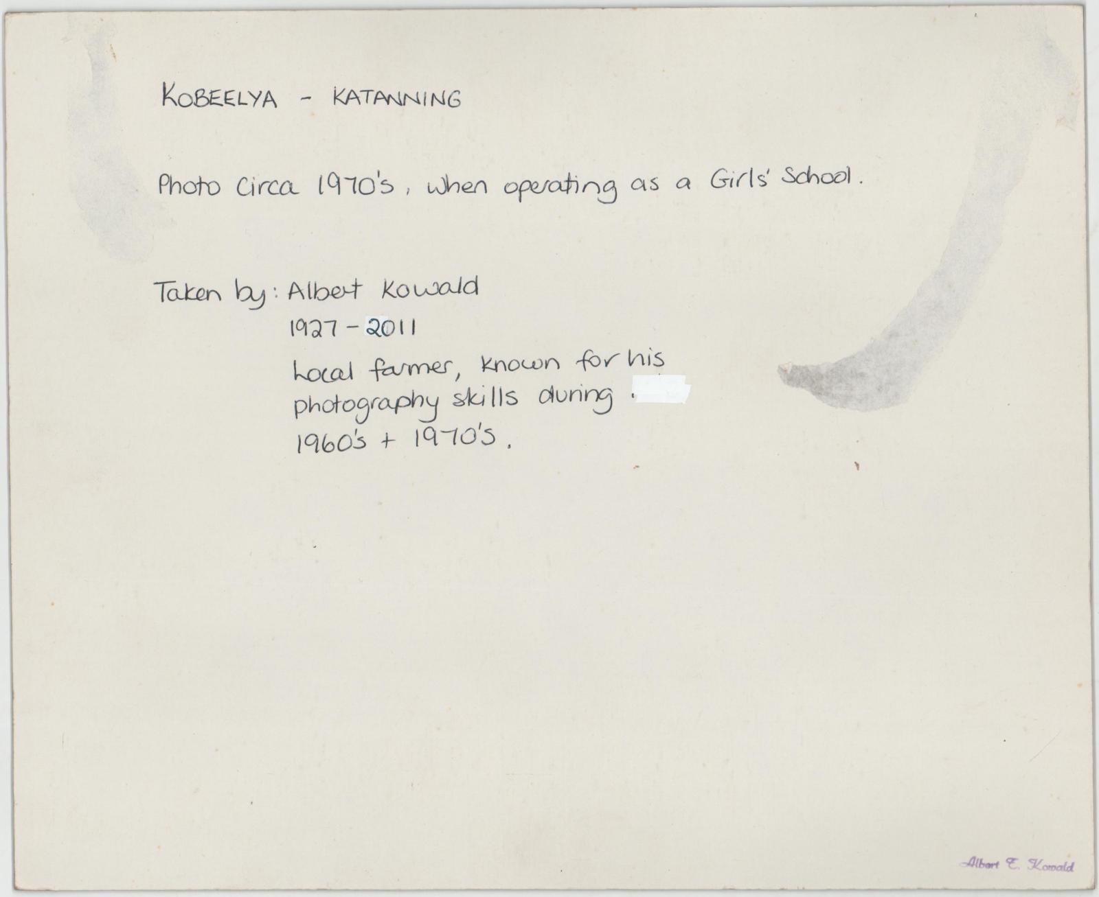 Back of photograph of Kobeelya