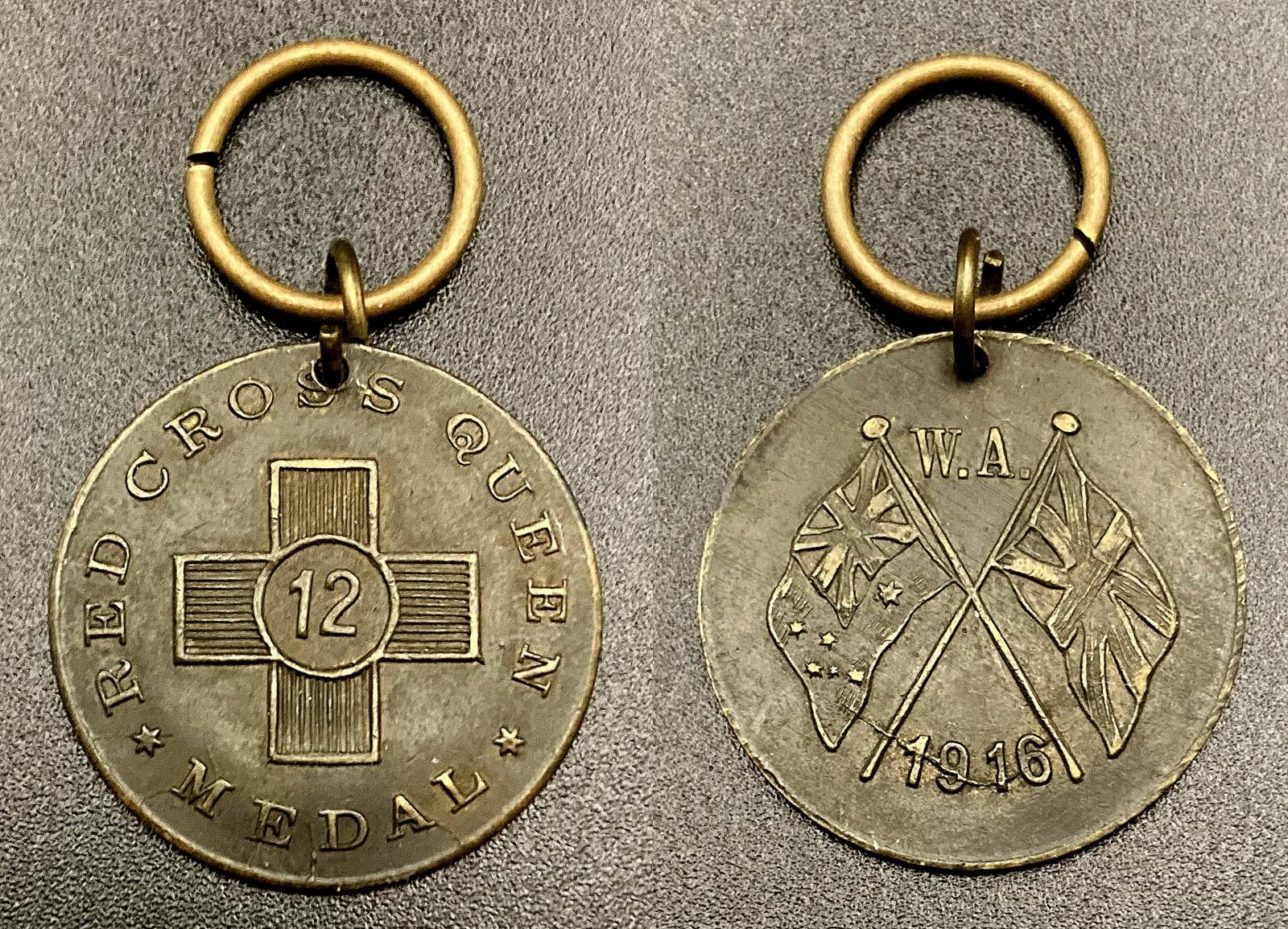 Red Cross Queen medal 1916 showing front and back