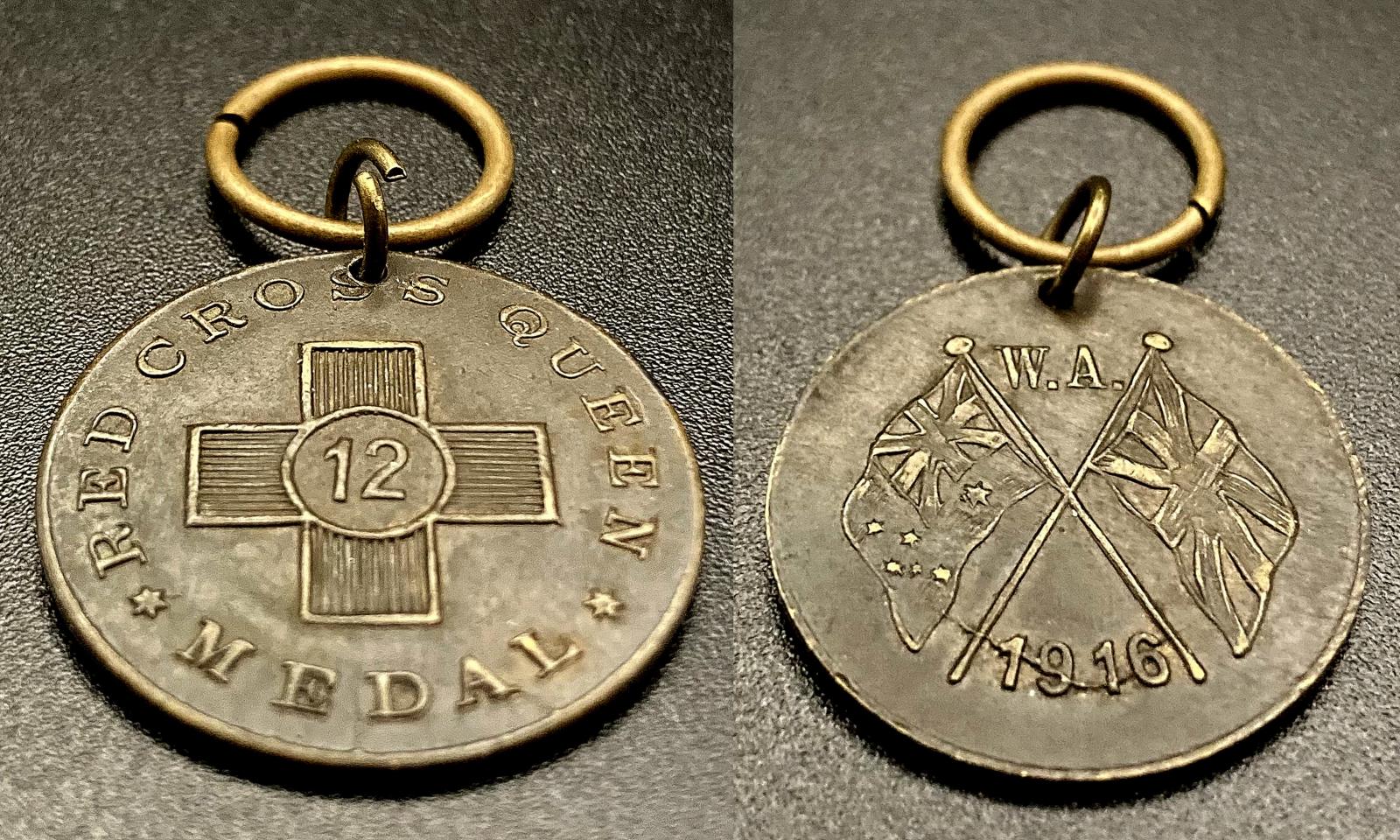 Red Cross Queen Medal 1916 showing oblique view of front and back