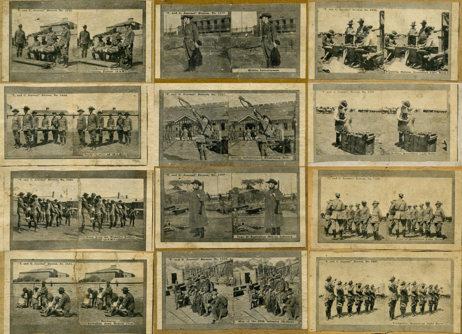 Collage of stereoview cards featuring Australian Army Medical Corps, Militia Infantrymen and Queensland Light Horse
