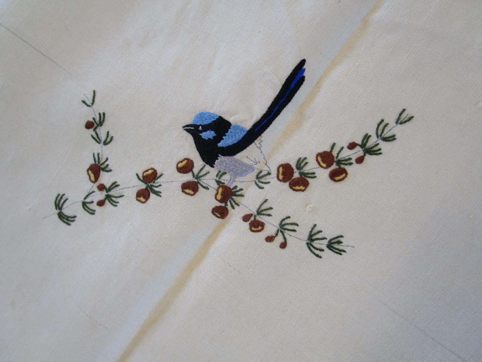 Tea cloth Blue Wren detail