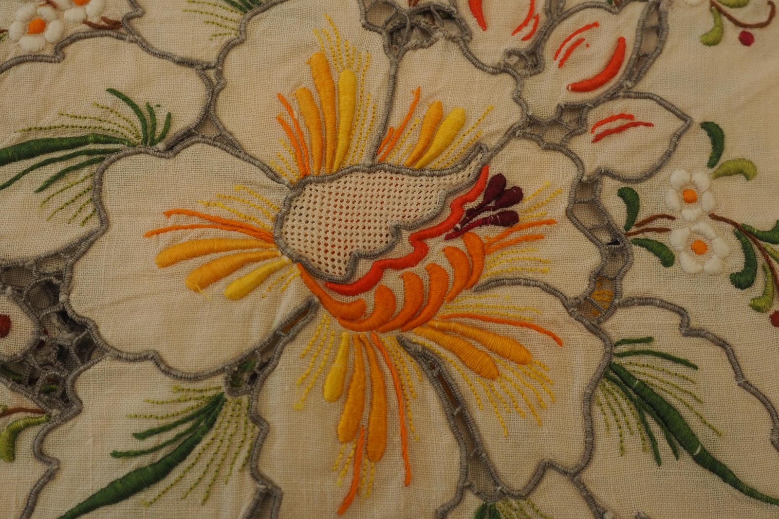 Closeup of embroidered hibiscus