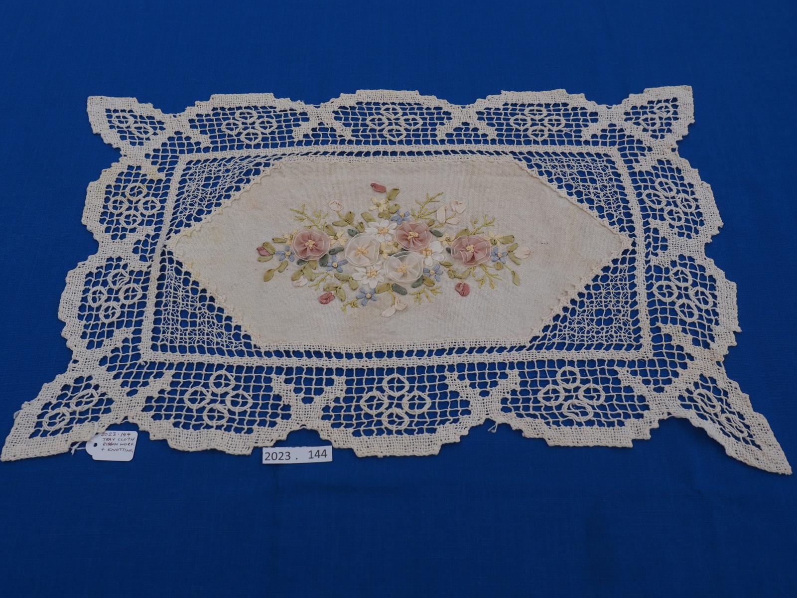 Ribbon work and lacis tray cloth