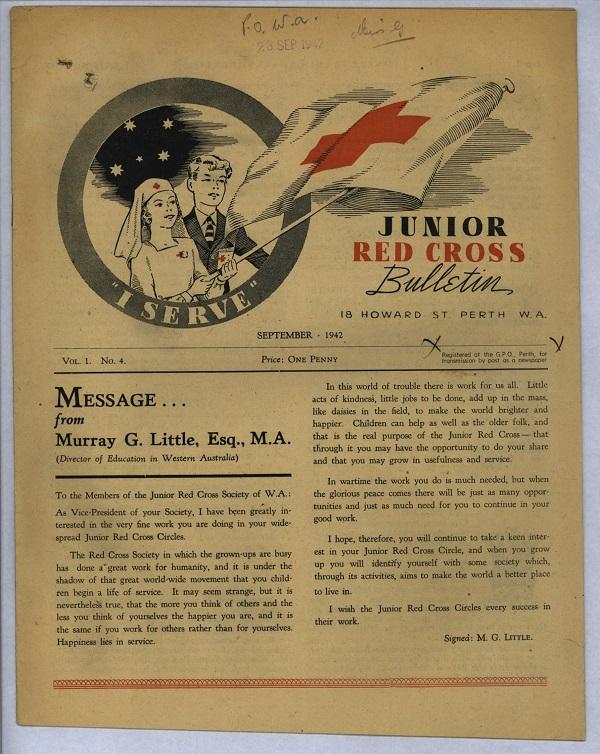 Front cover of the Junior Red Cross Bulletin. There is a picture of two young adults carrying a flag. There is text for half of the page.