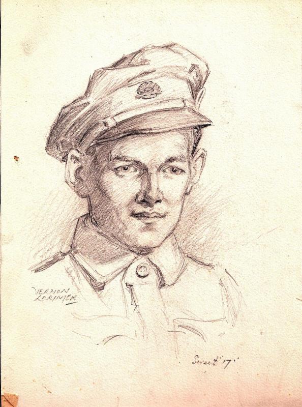 Self portrait pencil sketch of artist, in uniform, aged 17