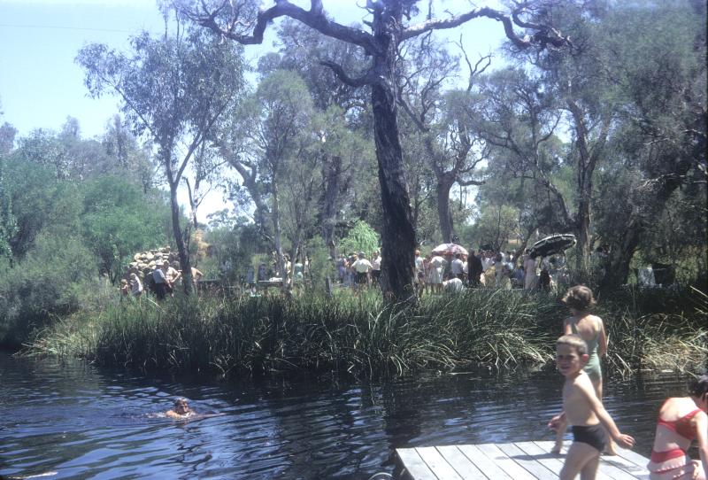In the foreground, three children prepare to jump off a wooden jetty into a natural pool of water, joining a person already swimming. In the background, a large group of people gather amongst natural green bushland, some shaded underneath two umbrellas.