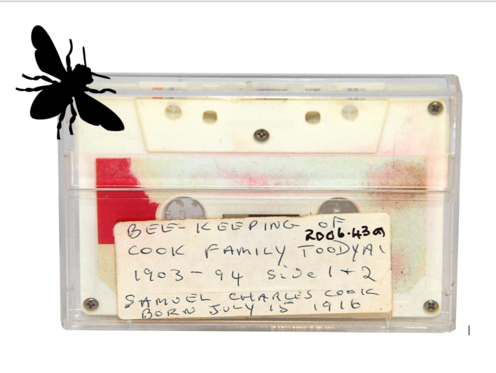 audio cassette tape with bee silhouette at top left