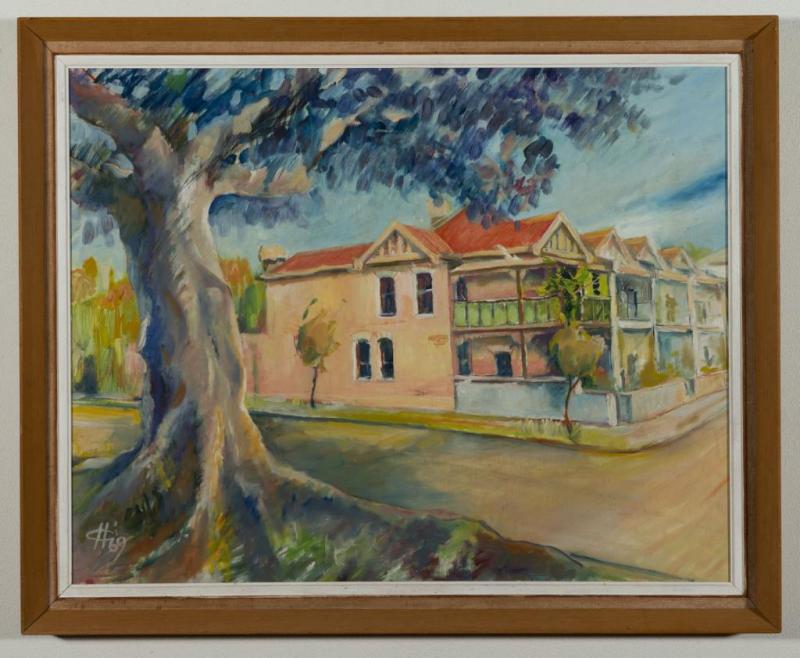 painting of a tree and buildings