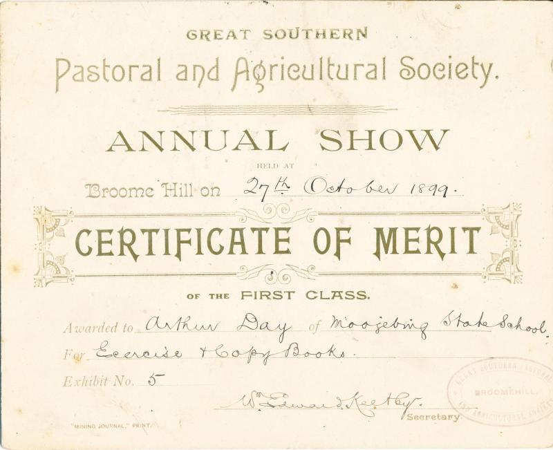 Cerfiticate of Merit awarded to Arthur Day