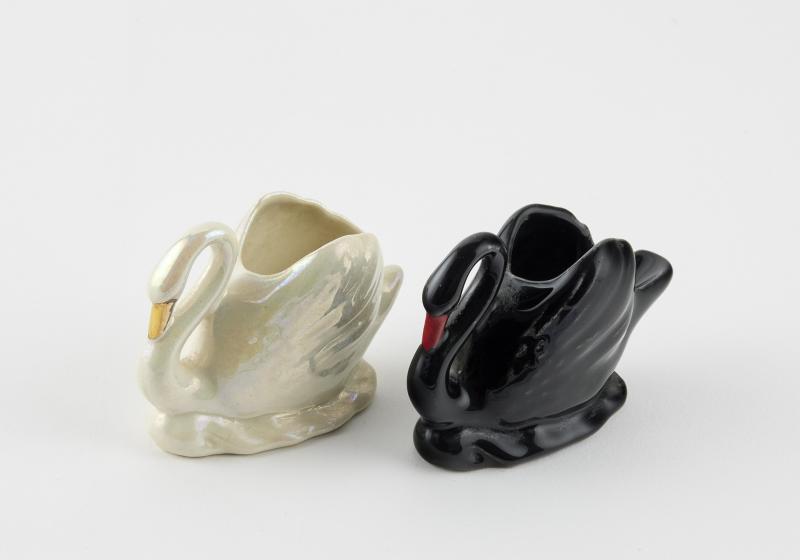 Pair of Wembley Ware swan toothpick holders