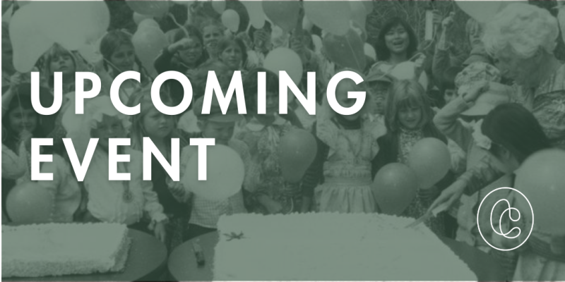 White text over a forest green overlay over a B&W photo of kids in party clothes