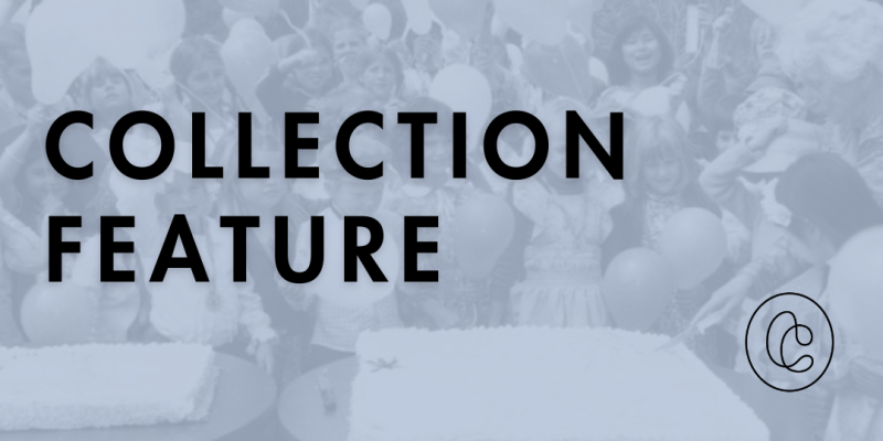 Black text over a blue overlay over a B&W photo of kids in party clothes