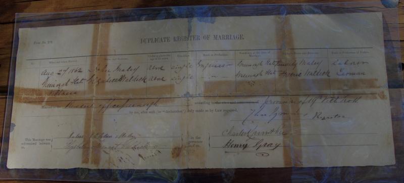 John Maley & Elizabeth Waldeck's wedding certificate