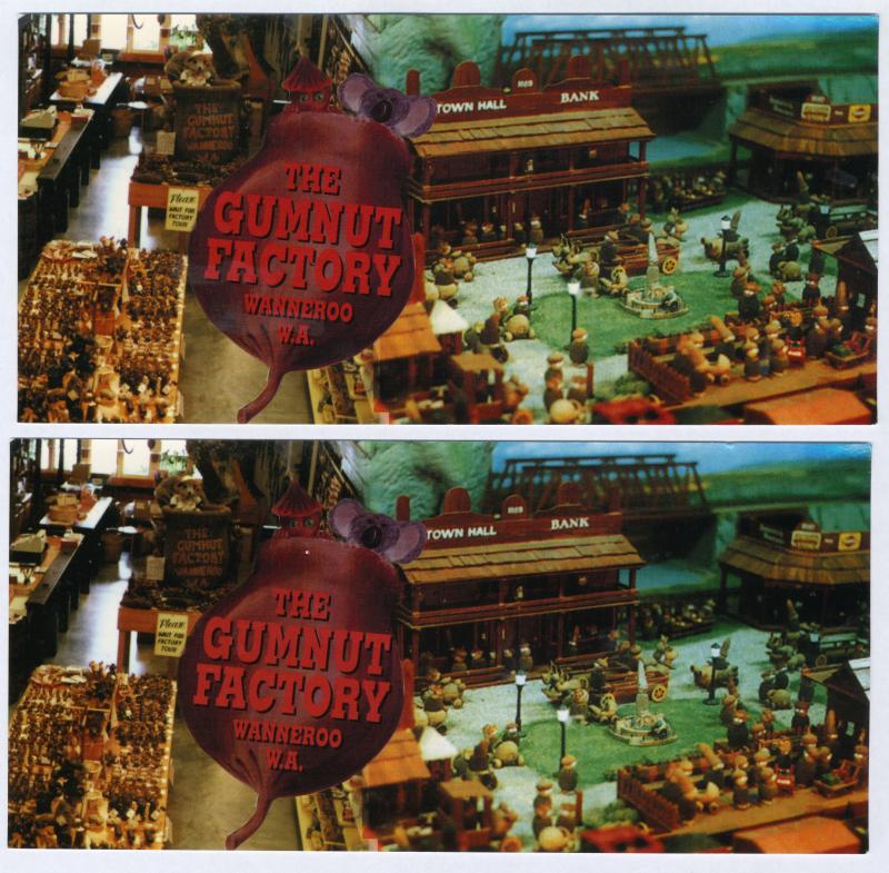 The Gumnut Factory postcard. The background image shows figures on display in the factory alongside the Gumnutland model village. In front of the image, middle left, is a gumnut with the words "THE / GUMNUT / FACTORY / WANNEROO / W.A." inside of it.