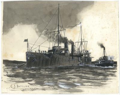 HMS TAURANGA {WARSHIP}  WITH STEAM TUG THE BRUCE {STEAM TUG}