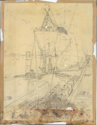 BATELIER SKETCH OF HARBART UNDERGOING PROPELLER & RUDDER REPAIRS AT TOWN JETTY, ALBANY