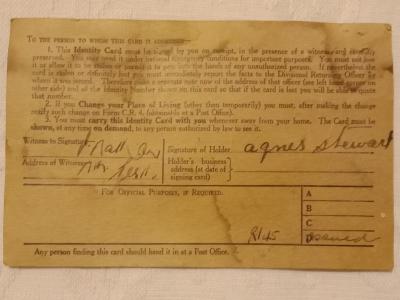 The reverse side of the identity card issued to Agnes Stewart.