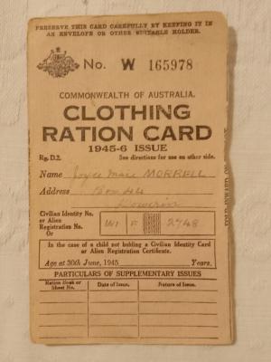 Clothing ration card issued to Joyce Morrell.  