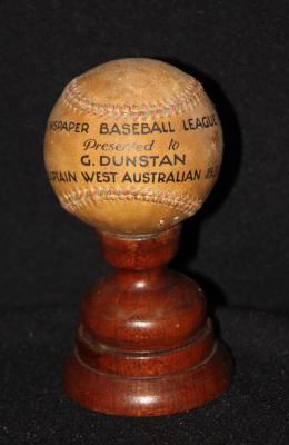 Baseball presented to Glen Dunstan, 1937 Newspaper Baseball League team captain