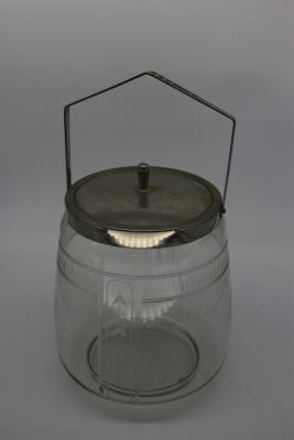 Glass container with metal lid and handle