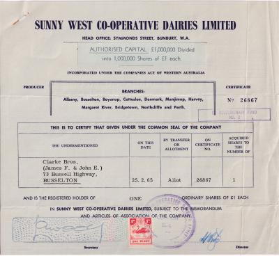 Sunny West - Shares certificate