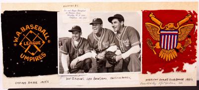 1950s collage of pocket badges and photograph - American Eagles Club and W.A. Baseball League Umpires