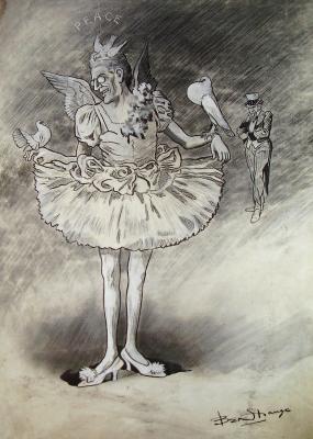 Cartoon of President Woodrow Wilson in a ballet tutu. He is holding a dove in each hand. In the background is the figure of Uncle Sam looking at the President in a disapproving way. 