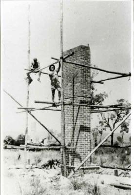Photograph - Two Workers On Scaffolding Around Fireplace Stack, Willagee Park Estate, c.1950s