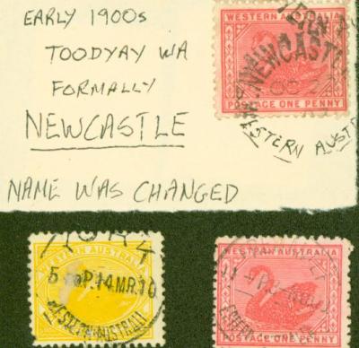 STAMPS X 3 AFFIXED TO CARD; 2 X ONE PENNY RED AND 1 X TWOPENCE YELLOW