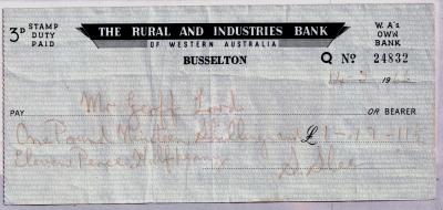 Rural and Industries Bank Cheque