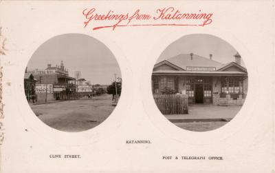 Postcard of Katanning with views of Post & Telegraph Office and Clive Street