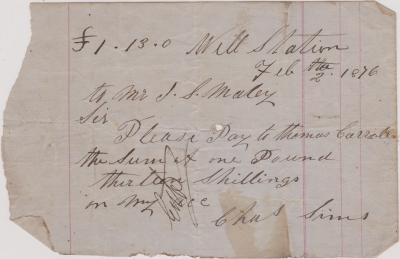 Promissory note from Charles Sims to Thomas Carroll