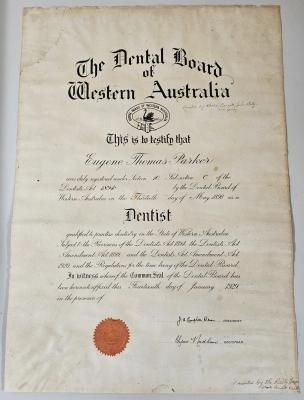 Dental Board of Western Australia Certificate - Eugene Thomas Parker