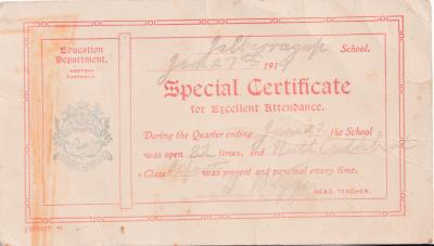 Special Certificate for Excellent Attendance - Ruth and Gerty Cuthbert 1919