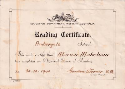 Reading Certificate Ambergate School - Marion Makeham 1940