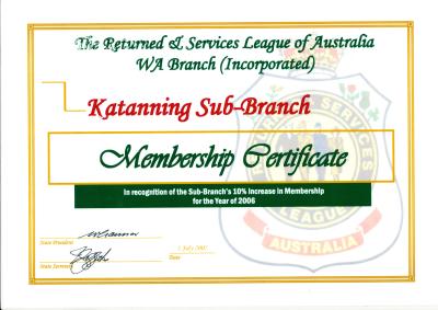 Certificate of Appreciation to Katanning RSL Sub-Branch