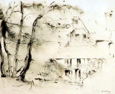 Ink and watercolour painting depicting a large house on the right of the image, and a large black tree in the left foreground