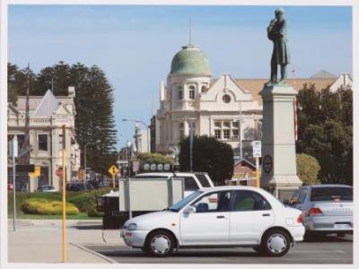 Digital print depicting view at street level of Cliff Street from Victoria Quay 