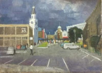 Multicoloured painting showing Fremantle Town Hall from High Street. View of town hall, car park bays, and other buildings