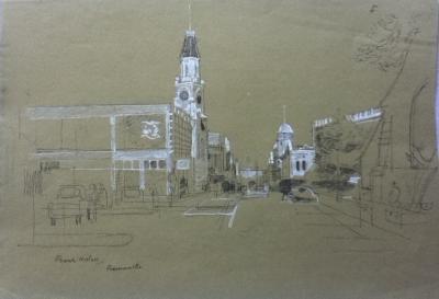 Sketched drawing on green paper showing view of Fremantle Town Hall from High Street